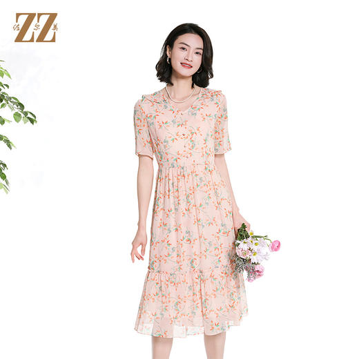 佐尔美夏季新款时尚气质碎花桑蚕丝短袖连衣裙女M42LS53 商品图3