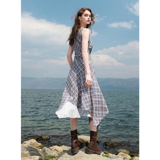 三彩2025夏季新款格纹连衣裙不对称A字裙系带解构长裙复古M 商品图3