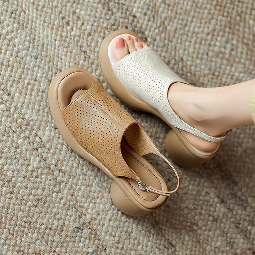 【预售5天】复古风厚底高跟罗马凉鞋女夏季新款真皮镂空粗跟软底时装女鞋BX&A1598 商品图4