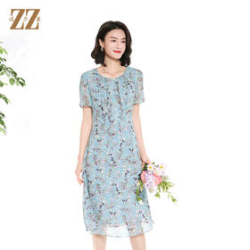 佐尔美夏季新款时尚气质碎花桑蚕丝短袖连衣裙女M42LS57