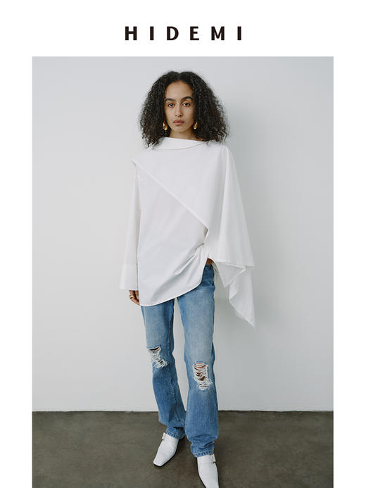 HIDEMI甄选长绒棉系列极简可拆卸斗篷设计感不对称剪裁廓形衬衫 商品图4