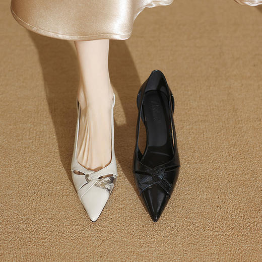 【预售5天】头层牛皮！镂空高跟鞋女新款尖头细跟单鞋女奶白真皮中跟气质ZF&25087 商品图4