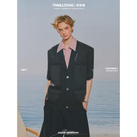 启世录TIWILLTANG“溶韵烬涉”缎面拼接西装套装夏季黑色外套男