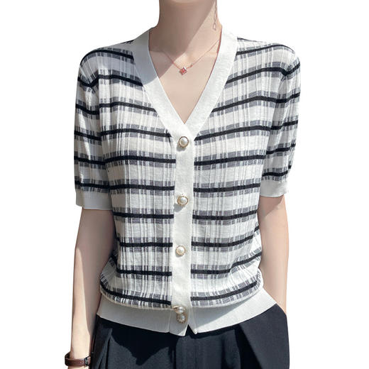 【天丝小香风珍珠扣开衫V领】夏清爽天丝开衫短袖女V领坎肩外搭条纹拼色曲珠针织半袖T恤空调衫 商品图3