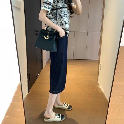 复古时髦！2025牛仔色粗麻节纹理撞色线直筒中高腰后开衩半身裙！ 商品图0