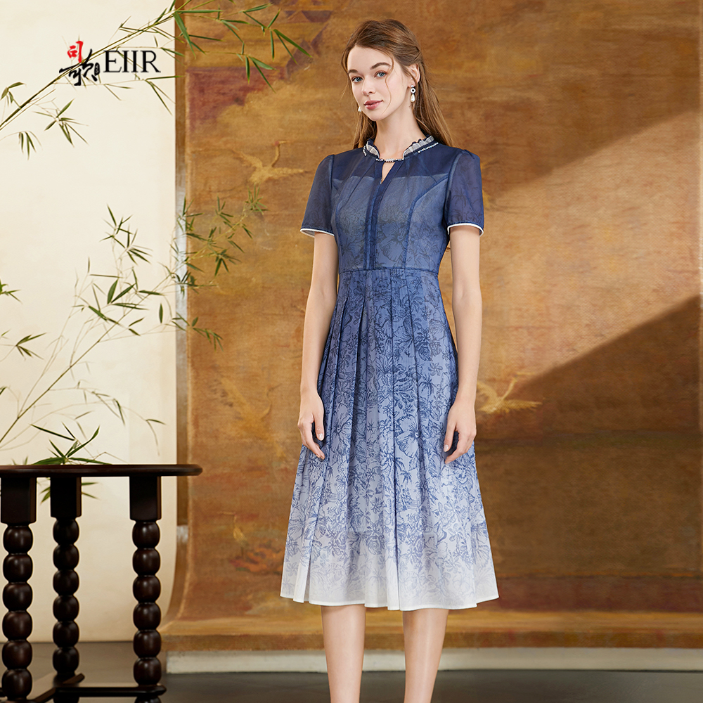 司歌渐变印花短袖木耳领连衣裙A911068X