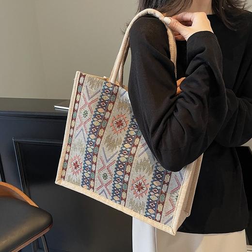 【敦煌菱形纹托特包】大容量亚麻托特包包  新款手工编织妈咪包女时尚通勤单肩手提包 商品图4