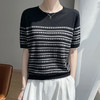 【莱赛尔天丝钻石镂空条纹短袖 圆领】新款短袖天丝夏季女针织T恤时尚针织衫百搭圆领薄款撞色条纹上衣 商品缩略图0