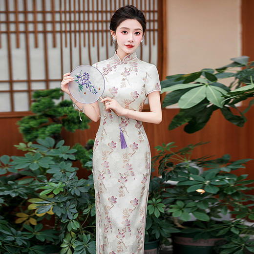 WX-2025新款真丝旗袍年轻款修身气质长款改良版手工缝制桑蚕丝起泡 商品图4