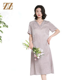 佐尔美夏季新款新中式气质印花桑蚕丝短袖连衣裙女M42LS58