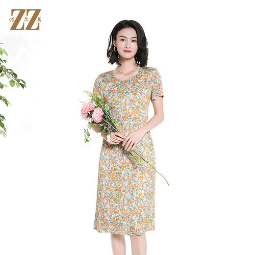 佐尔美夏季新款时尚气质碎花桑蚕丝短袖连衣裙女M42LS55 商品图4