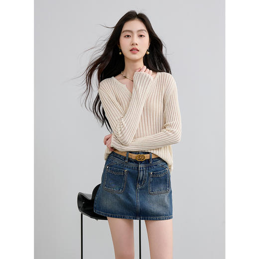 三彩2025夏季新款牛仔半身裙复古水洗A字裙修身短裙显瘦M 商品图2