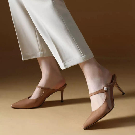 洛诗琳04921气质尖头一字带包头后空高跟鞋夏季漆皮裸色单鞋1818 商品图0