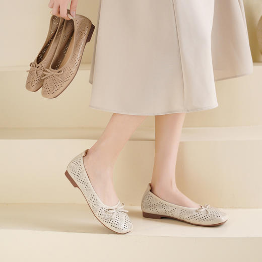 Safiya/索菲娅2025时尚浅口真皮透气低跟方头蝴蝶结平底单鞋SFD3111402 商品图6