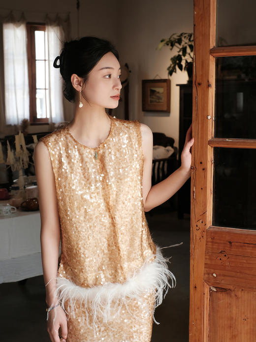 盛唐牡丹| 流苏亮片真丝鸵鸟毛马甲（鸵鸟毛可拆卸） 商品图0