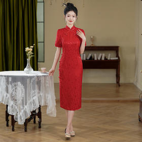 WX-25015春季新款提花真丝旗袍中式桑蚕丝连衣裙手工缝制订婚宴席日常