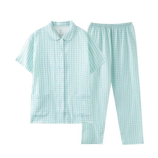 【双层纱家居服】水洗全棉双层纱睡衣女纯棉短袖长裤棉夏季情侣家居服 商品图4