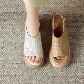 【预售5天】复古风厚底高跟罗马凉鞋女夏季新款真皮镂空粗跟软底时装女鞋BX&A1598