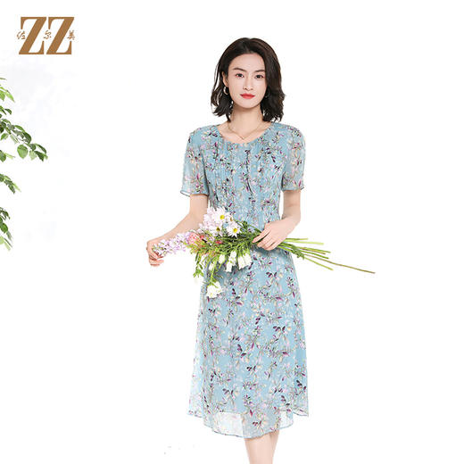 佐尔美夏季新款时尚气质碎花桑蚕丝短袖连衣裙女M42LS57 商品图2
