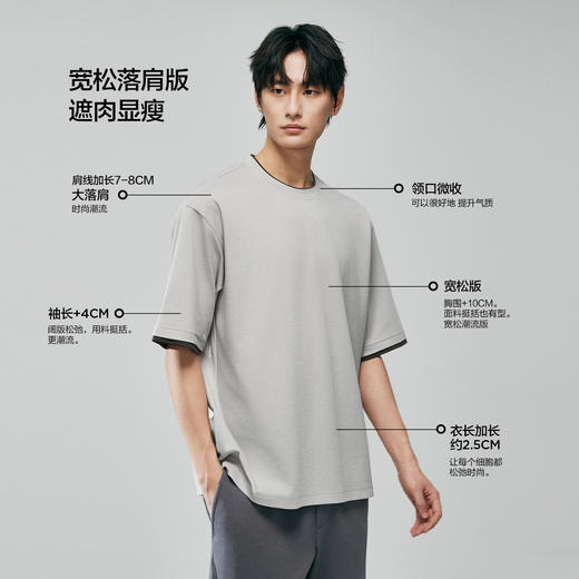 棉仓363801013-重磅三醋酸撞色假两件宽松落肩短袖T恤 商品图1