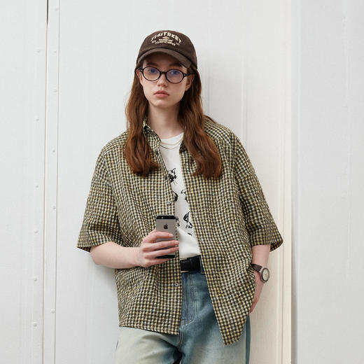 714street泡泡纱格子短袖衬衫男25春夏新款宽松轻薄透气情侣衬衣 商品图2