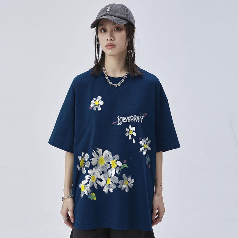 IDEVERRAY原创油画手绘小雏菊印花短袖男国潮街头宽松T恤衣服夏季