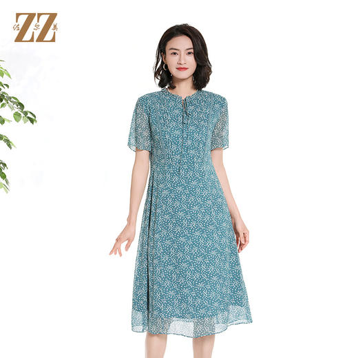 佐尔美夏季新款时尚气质碎花桑蚕丝短袖连衣裙女M42LS48 商品图4
