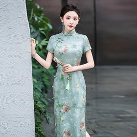 WX-25001春季新款真丝旗袍中式桑蚕丝连衣裙手工缝制送考宴席日常可穿