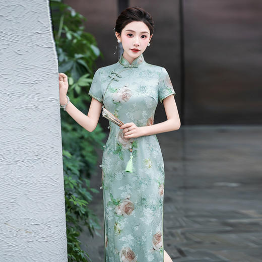 WX-25001春季新款真丝旗袍中式桑蚕丝连衣裙手工缝制送考宴席日常可穿 商品图0