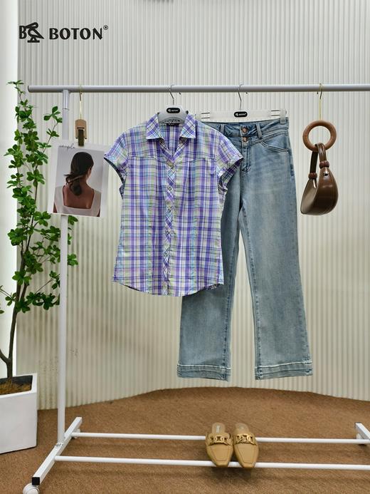 【第2件半价！尾货清仓不退换】波顿女士短袖休闲格仔衬衫LS728215 商品图2