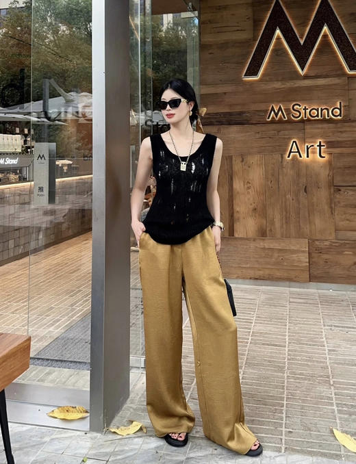 送8元退货运费【新中式醋酸缎面阔腿裤】清冷又不失高级 新中式高级感!看不腻的东方美学～ 冰丝醋酸材质△触感丝滑凉爽，轻薄透气 垂感十足，垂感直筒版型 商品图0