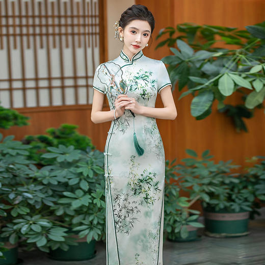 WX-ZS-25011春季新款真丝旗袍中式桑蚕丝连衣裙手工缝制送考宴席日常可穿 商品图0