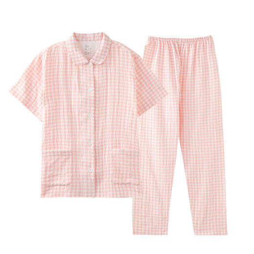 【双层纱家居服】水洗全棉双层纱睡衣女纯棉短袖长裤棉夏季情侣家居服 商品图1