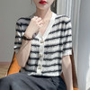 【天丝小香风珍珠扣开衫V领】夏清爽天丝开衫短袖女V领坎肩外搭条纹拼色曲珠针织半袖T恤空调衫 商品缩略图2