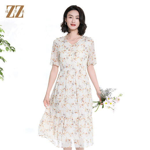 佐尔美夏季新款时尚气质碎花桑蚕丝短袖连衣裙女M42LS53 商品图0