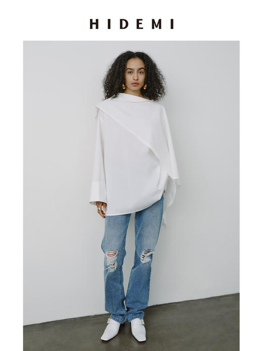 HIDEMI甄选长绒棉系列极简可拆卸斗篷设计感不对称剪裁廓形衬衫 商品图3