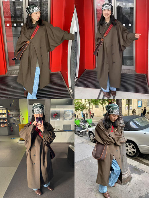 HIDEMI 日本进口阳离子纱线斗篷蝙蝠袖双层不对称领宽松长款风衣 商品图1