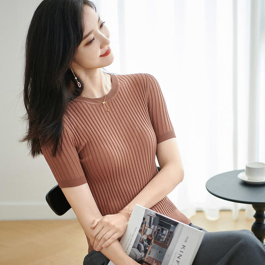 【咖啡色 预售7天】米思阳2026夏季新款通勤简约风毛针织衫螺纹设计感修身上衣女1925/1269 商品图2