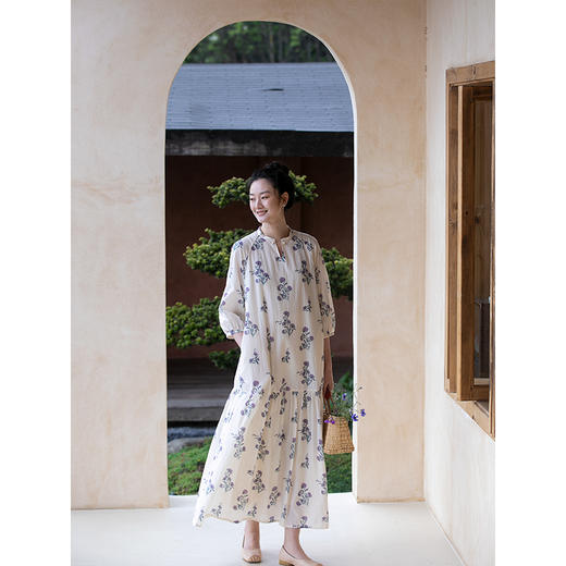 牧衣游原创 进口100支匹马棉印花连衣裙夏轻薄宽松气质长裙 桃香 商品图2