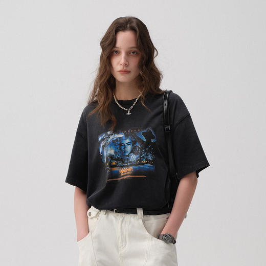 714street美式复古恐怖电影海报水洗短袖T恤男2025夏季新款情侣装 商品图1