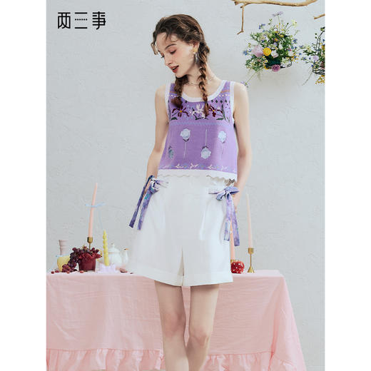 两三事 昼卷夜舒 2025夏季新款百搭印花绑带高腰短裤女 商品图0