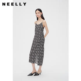 NEELLY纳俪商场同款夏新款V领碎花吊带连衣裙女抽褶显瘦开衩长裙N25054Y04593