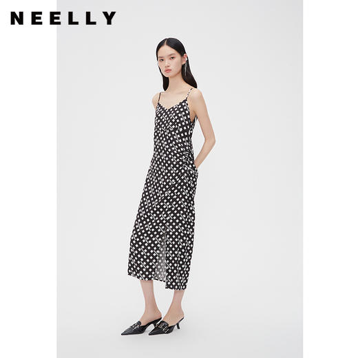 NEELLY纳俪商场同款夏新款V领碎花吊带连衣裙女抽褶显瘦开衩长裙N25054Y04593 商品图0