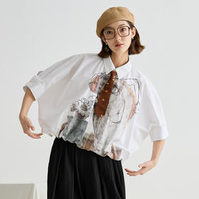 谜底衬衫分袖女2025夏季新品复古风通勤大廓形T型短衬衣252MC0530
