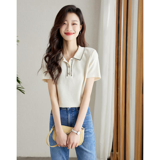 【专属特价】熙世界文艺风肌理感T恤休闲织带POLO衫2025年夏季款短袖上衣女t 商品图0