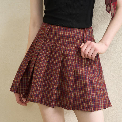 【纯棉】学院风复古红色格纹半身裙女夏季A字百褶裙V0950634 商品图2