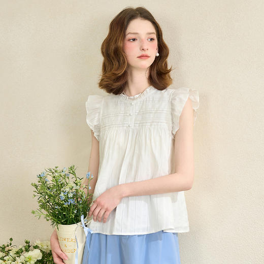 【纯棉】甜美木耳边飞飞袖衬衫女夏季拼接面料衬衣V1250684 商品图0