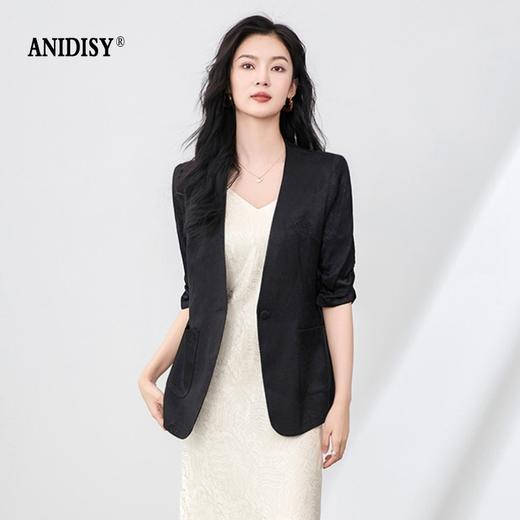 时尚提花人丝抽褶五分袖V领蕾丝西装外套 商品图3