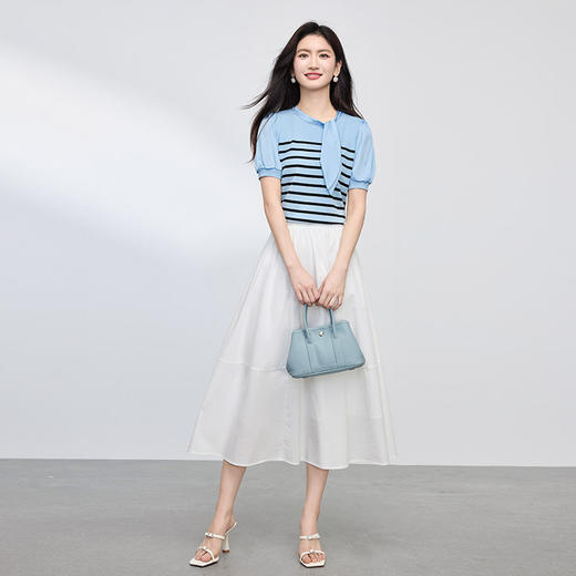 【周四狂欢价】熙世界法式飘带丝巾领冰丝针织衫女薄款短袖条纹上衣2025夏季新款 商品图4