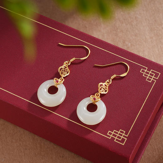 子佩集S925银【福华相见】耳环【ES00514】纯银和田玉镀金平安扣2504 商品图3